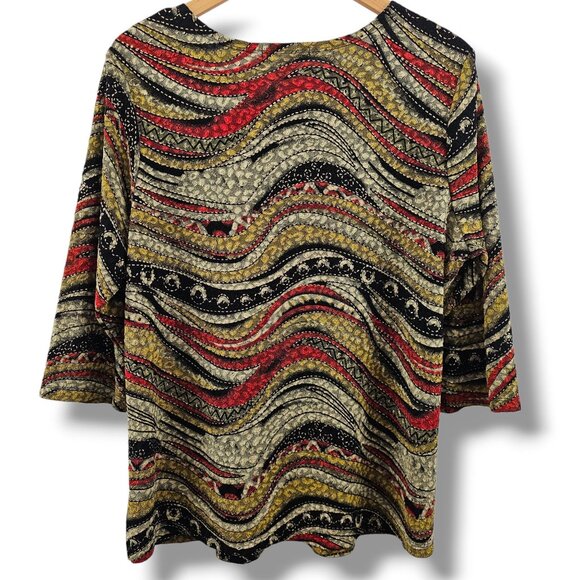Notations Textured Top 2X Black Red Yellow 3/4 Sleeve Earthy Artsy Stretch Fall - Picture 2 of 9